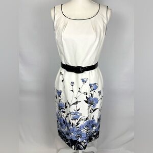 Tahari ASL Sheath Dress Sleeveless Belted Blue & Black Floral Print Size 4 Retro